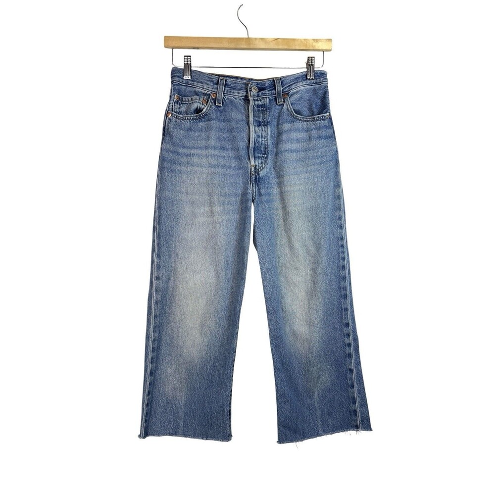 Levi's Women's Ribcage Straight Ankle Jeans Blue High Rise Cropped Raw Hem Sz 27